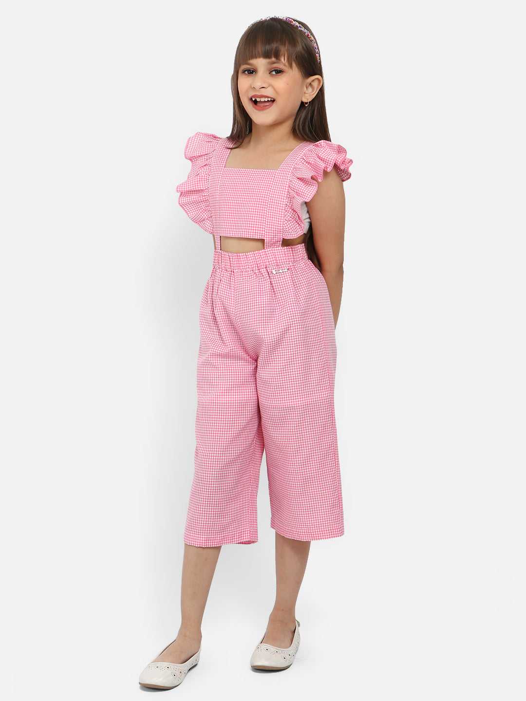 Nautinati Girls Checked Sleeveless Ruffled Capri Jumpsuit