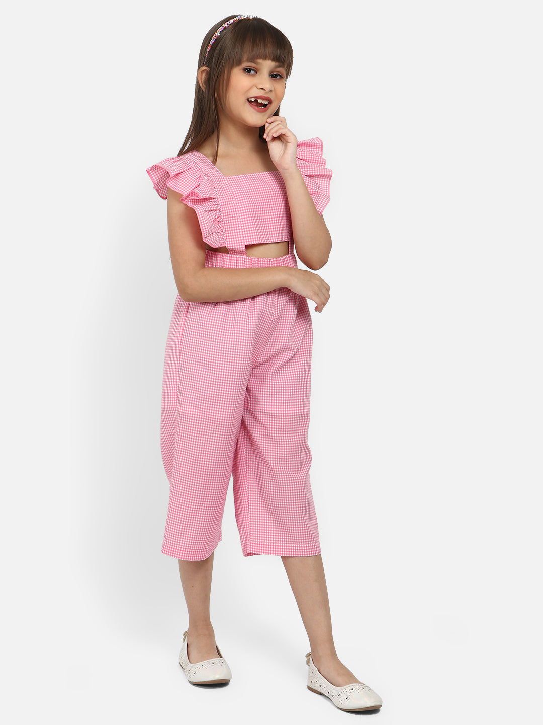 Nautinati Girls Checked Sleeveless Ruffled Capri Jumpsuit