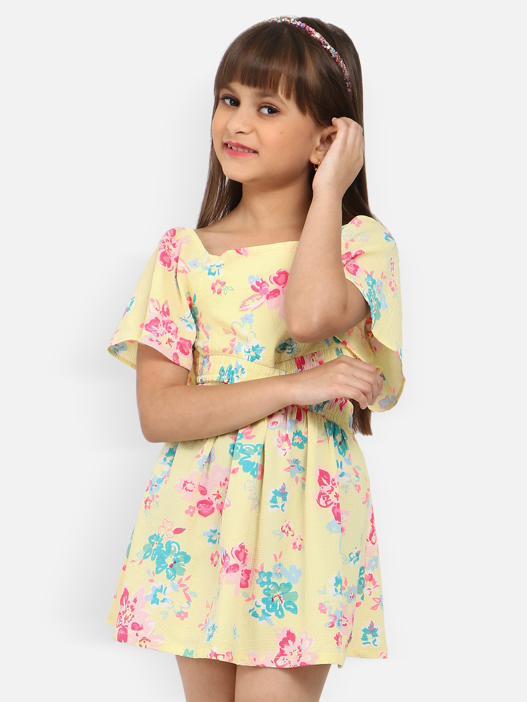 Nautinati Girls Floral Print Crepe Fit Flare Dress