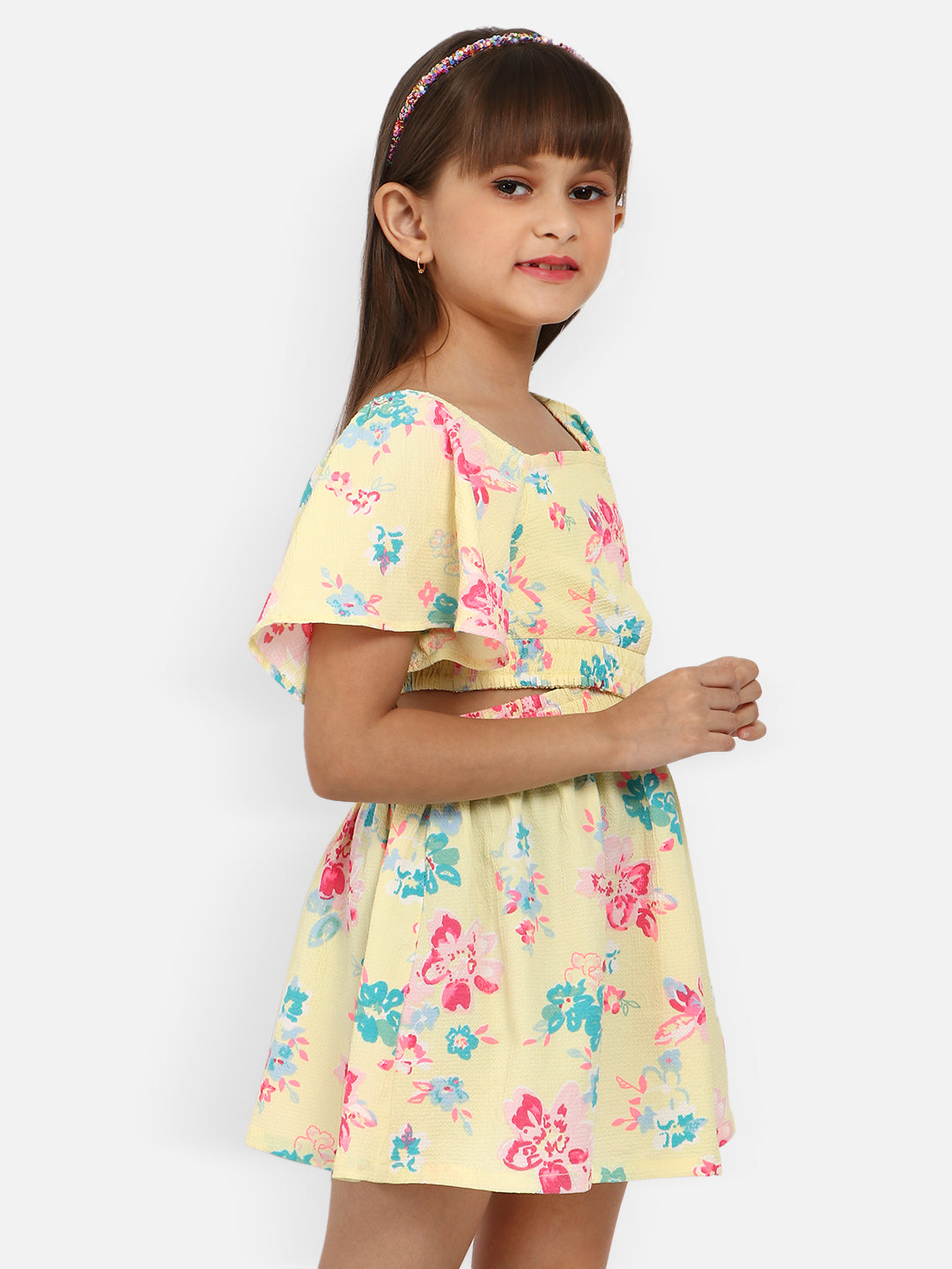 Nautinati Girls Floral Print Crepe Fit Flare Dress