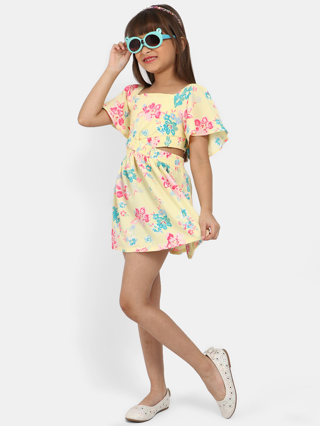 Nautinati Girls Floral Print Crepe Fit Flare Dress