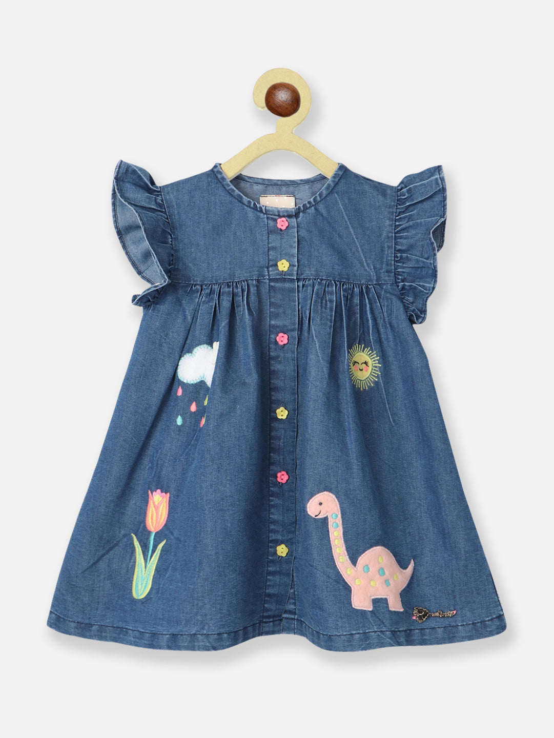 Nautinati Girls Applique Detailed Flutter Sleeve Pure Cotton Denim A-Line Dress