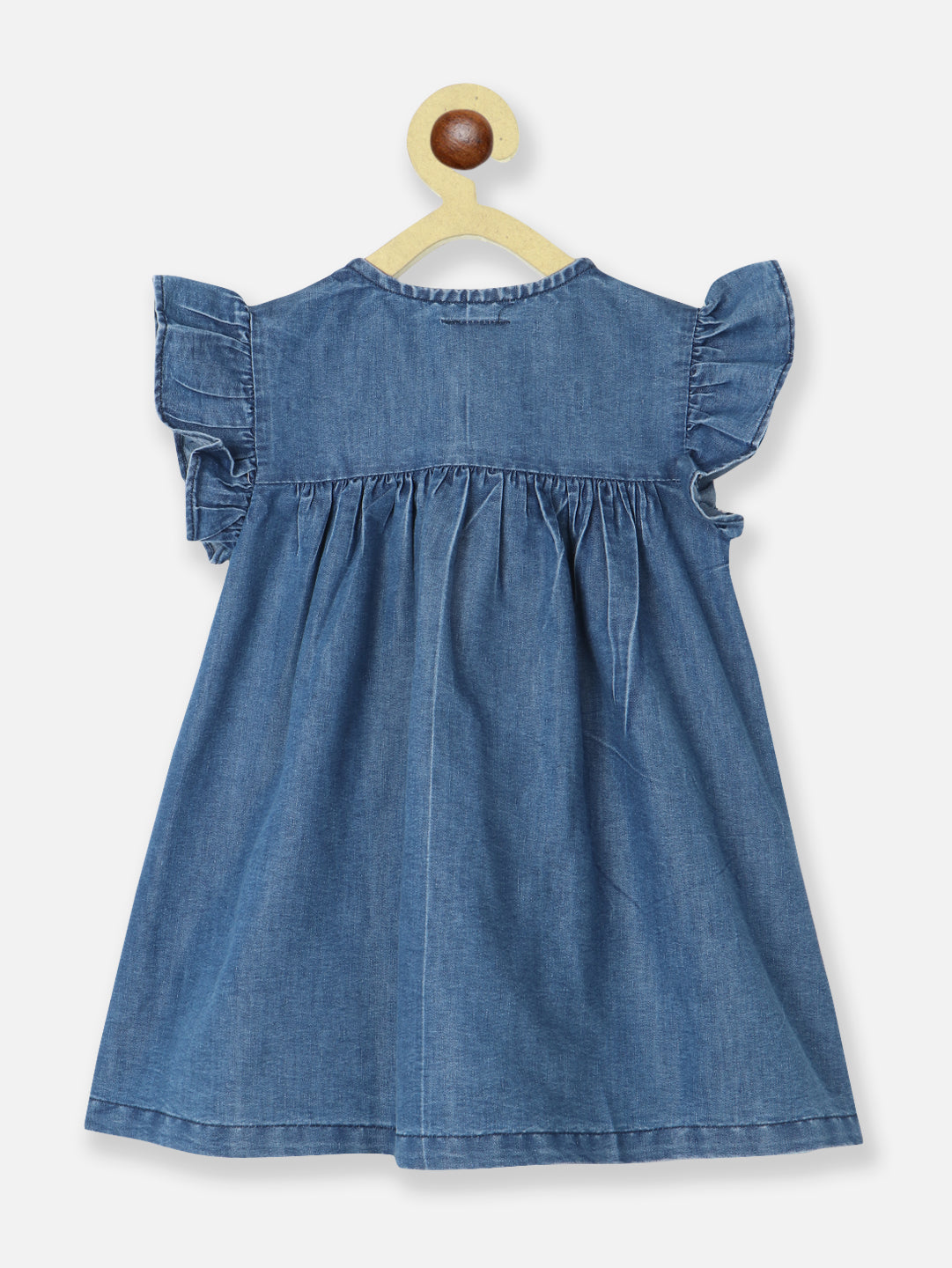 Nautinati Girls Applique Detailed Flutter Sleeve Pure Cotton Denim A-Line Dress