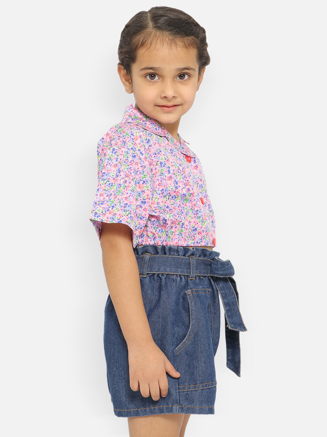 Nautinati Girls Floral Print Cropped Shirt Style Top