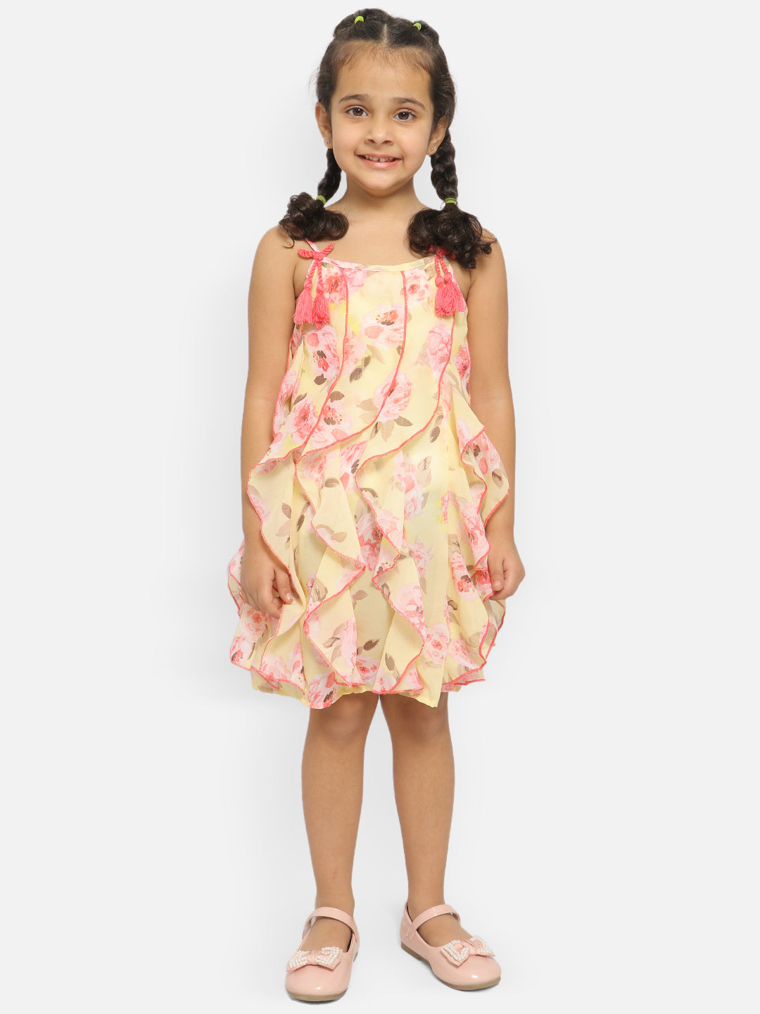 Nautinati Girls Floral Shoulder Stripes Georgette A-Line Dress