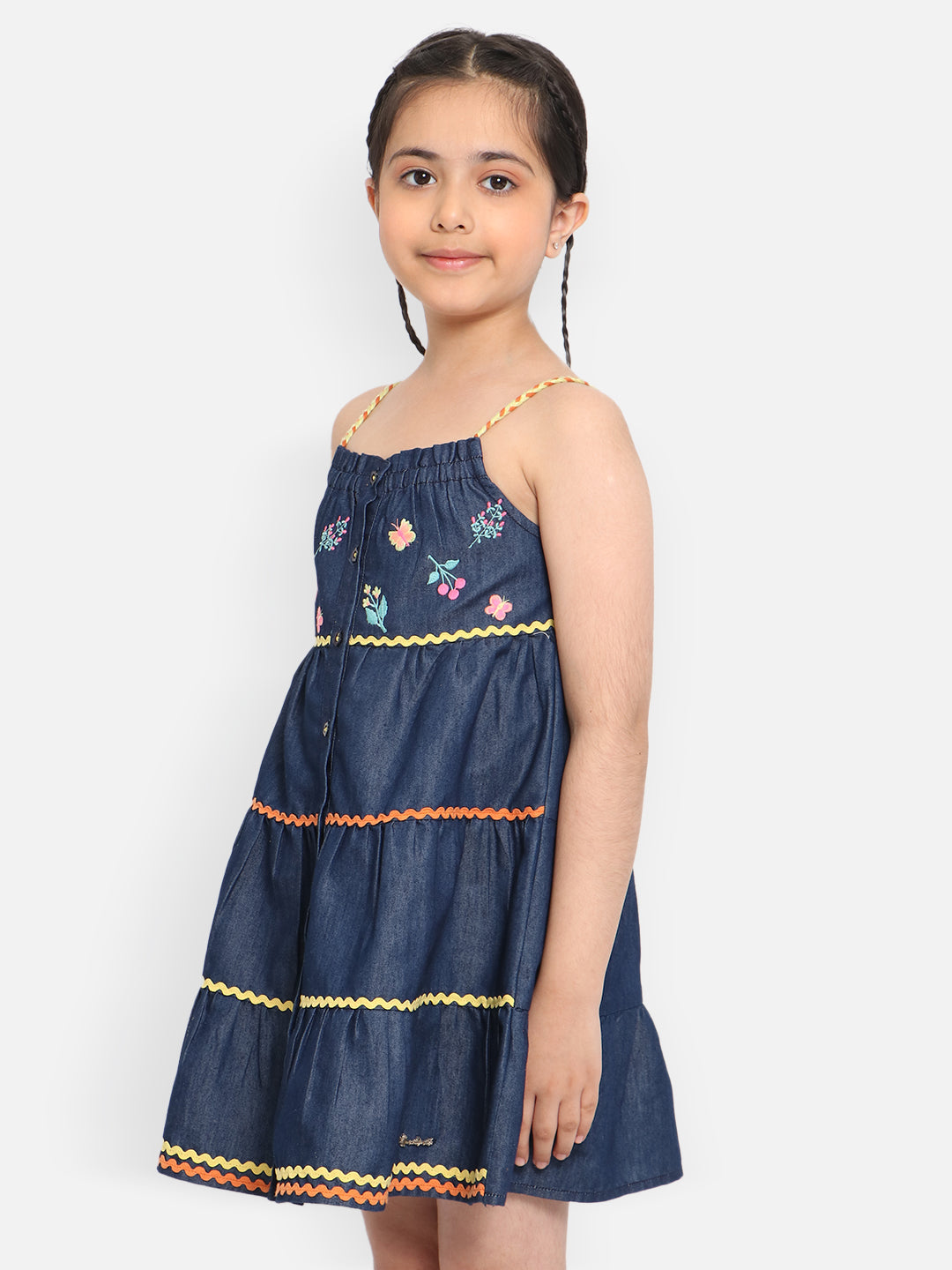 Nautinati Girls Floral Embroidered Tiered Pure Cotton A-Line Dress