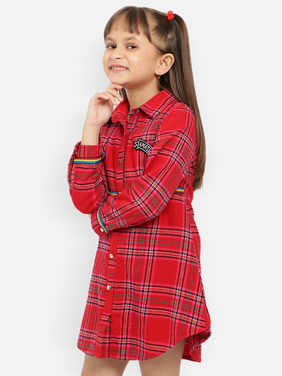 Nautinati Girls Checked Applique Detail Pure Cotton Shirt Dress