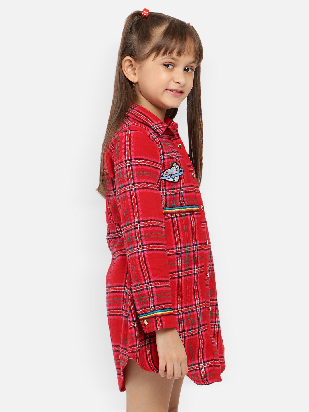 Nautinati Girls Checked Applique Detail Pure Cotton Shirt Dress