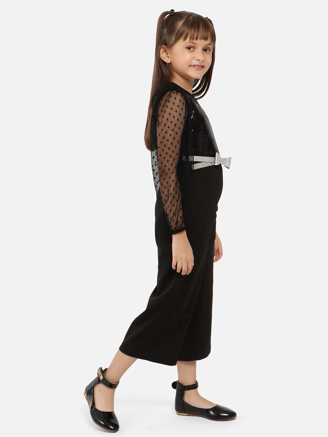 Nautinati Girls Black Embellished Long Sleeve Polyester Jumpsuit