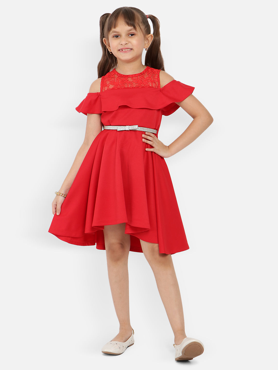 Nautinati Girls Red Solid Short Sleeve Polyester Dress