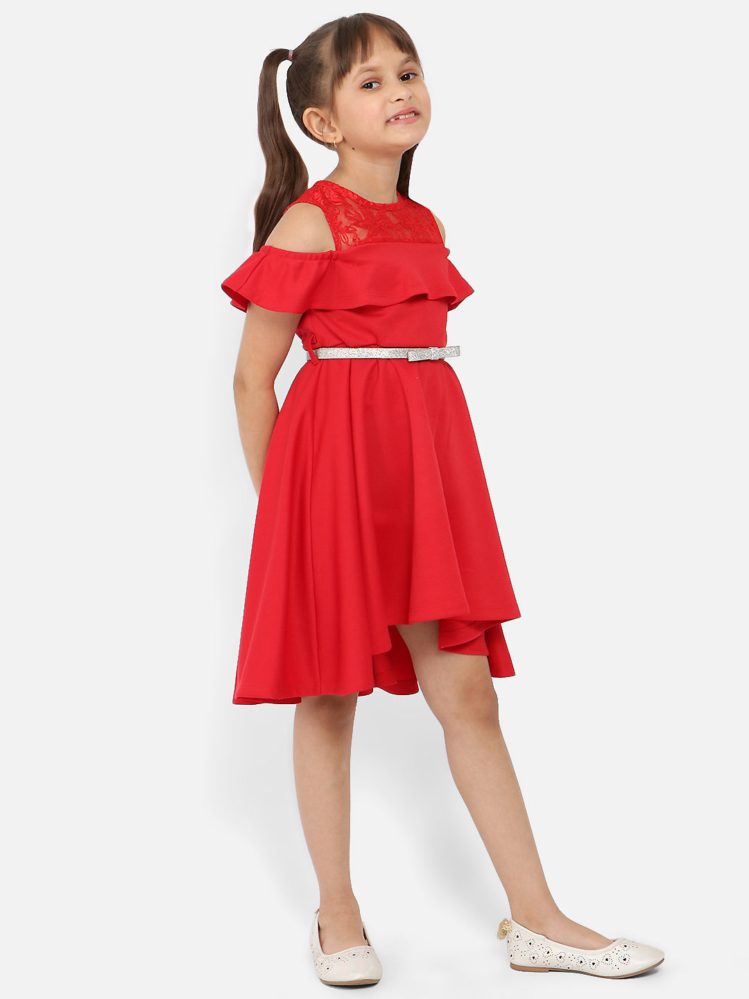 Nautinati Girls Red Solid Short Sleeve Polyester Dress