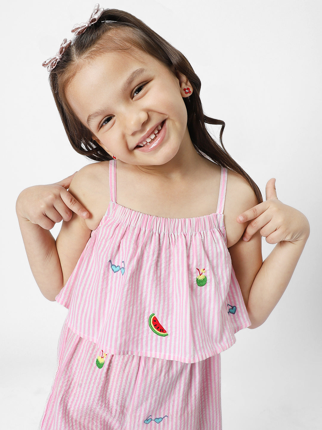 Girls Pink-White Striped Layered Embroidery details Shoulder Strap Elasticated Waist Casual Jumpsuit