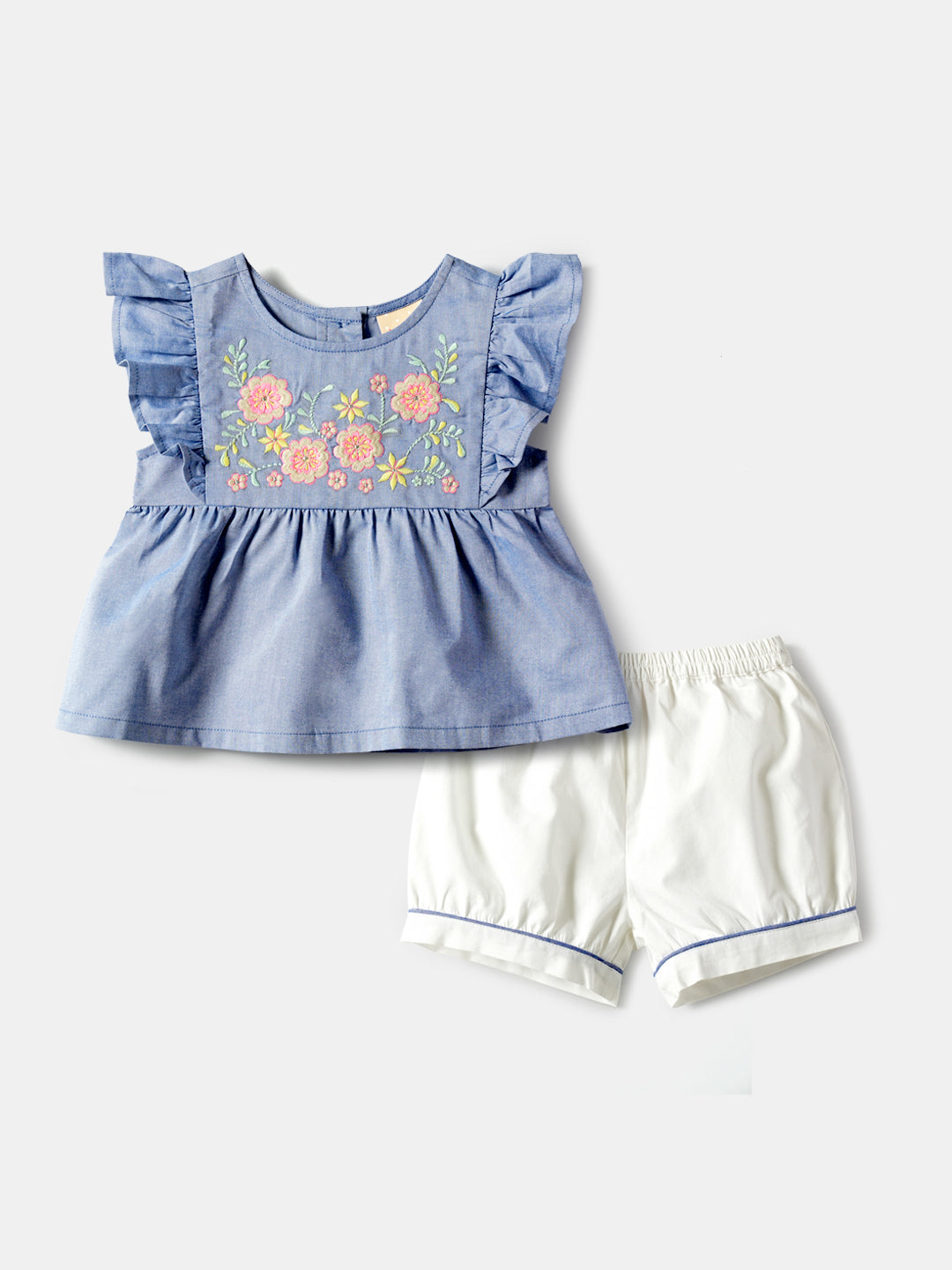 Girls Blue-White Embroidered Ruffled Sleeveless Pure Cotton Top With Shorts