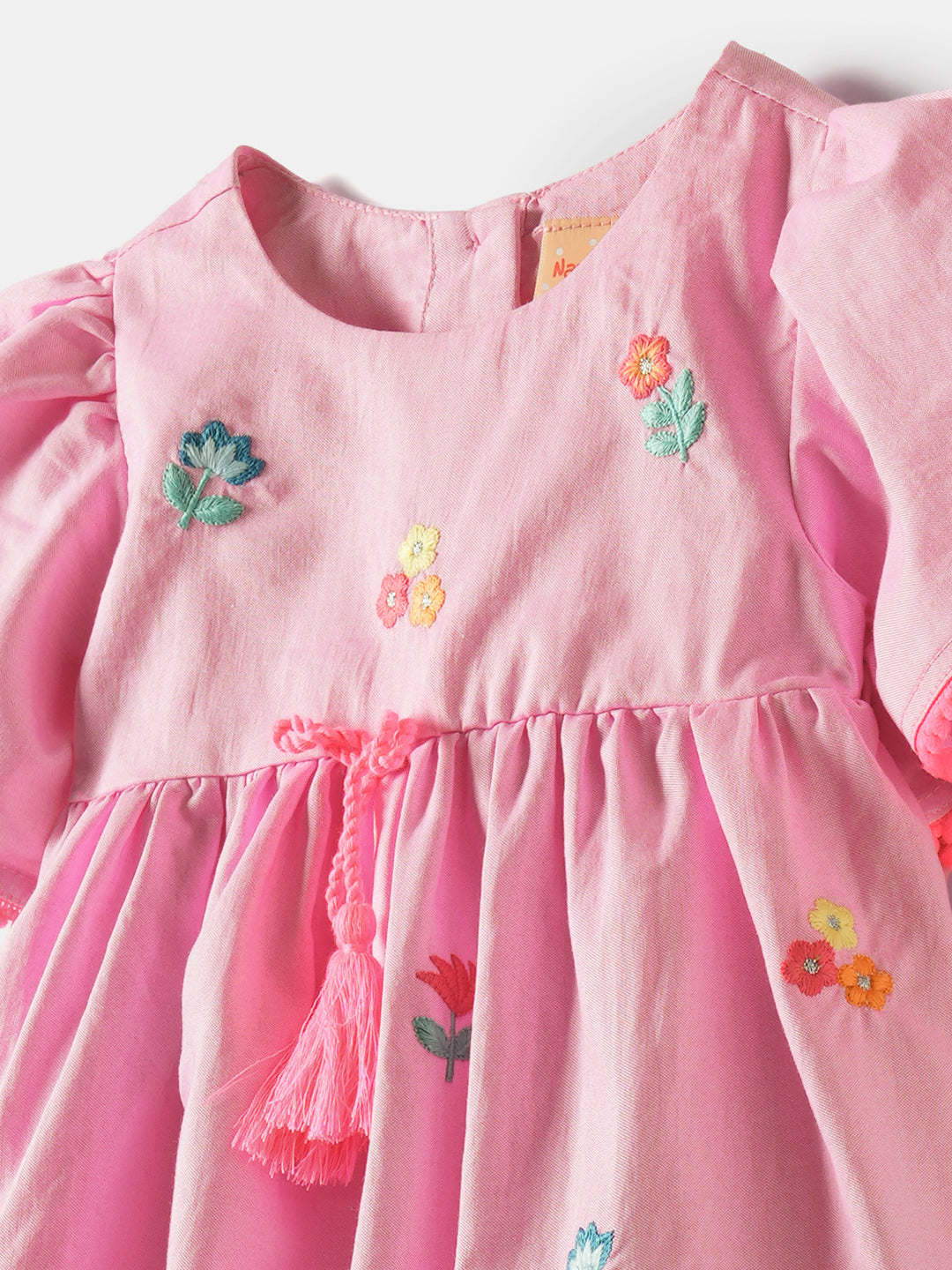 Girls Pink Embroidered Short Bell Sleeves Tassel Detailing A-Line Dress