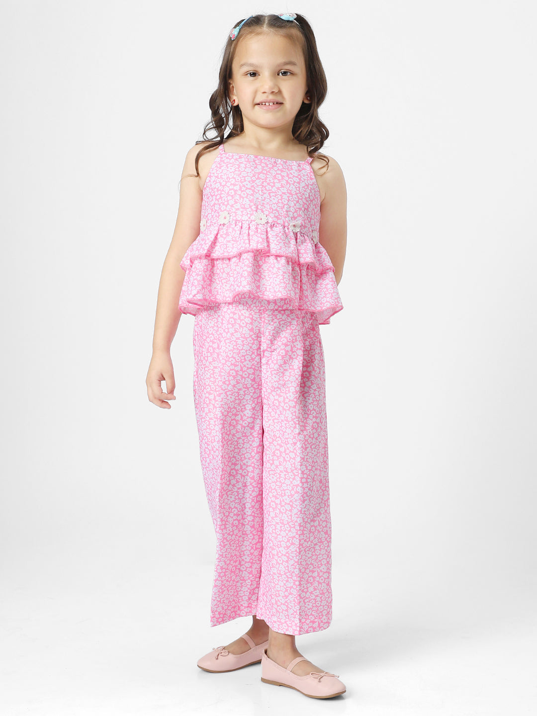 Girls Pink-White Floral Printed Shoulder Strap Crochet Flowers Applique Layered Top With Ankle Length Trouser