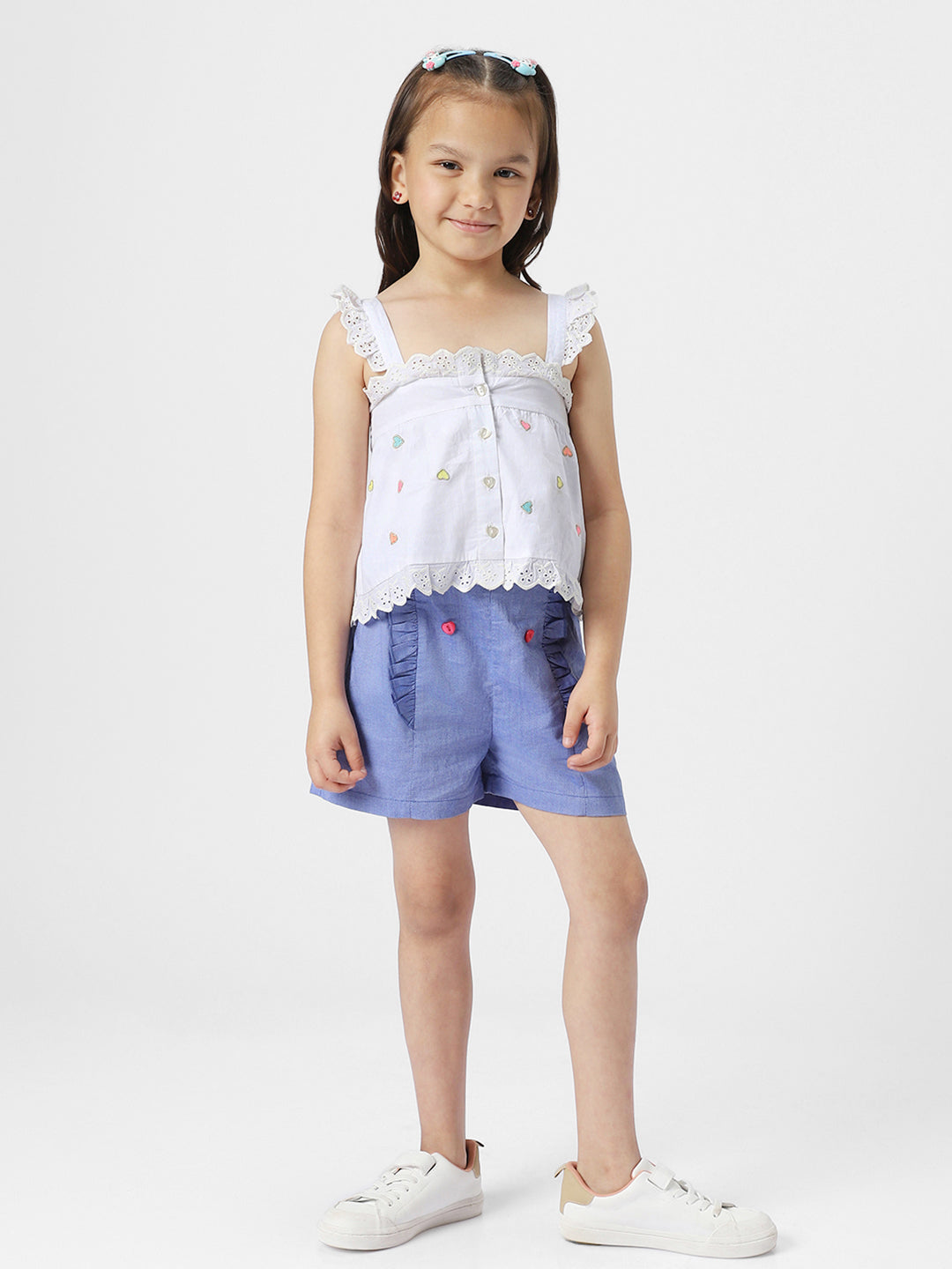 Girls White-Blue Schiffli Embroidered Square Neck A-Line Pure Cotton Top With Frilled Shorts