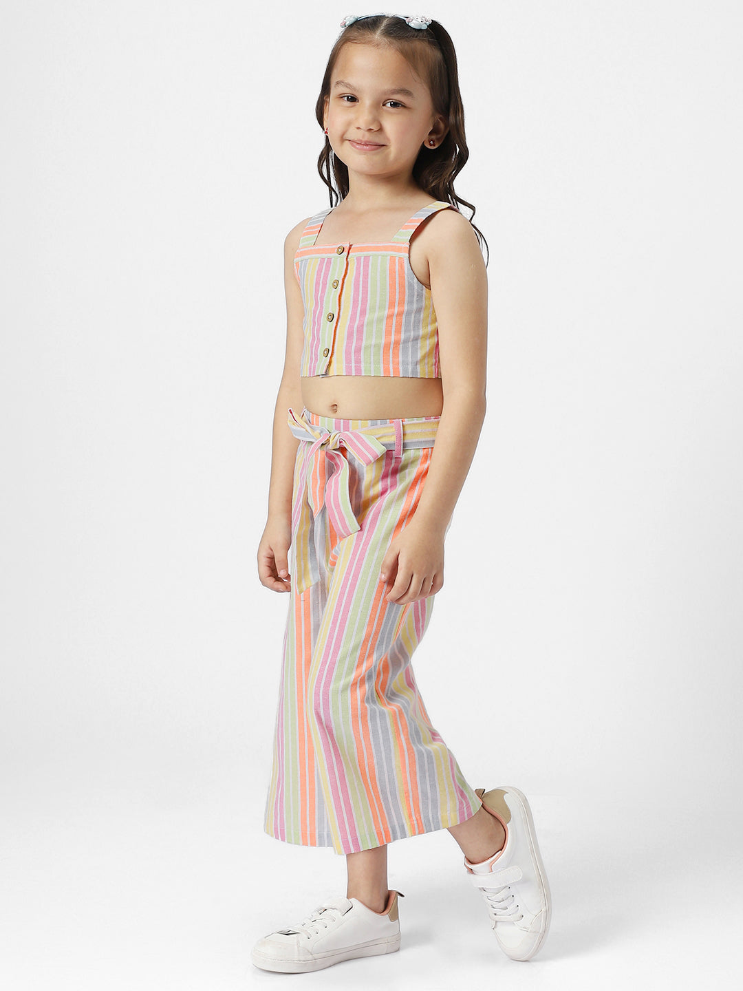 Girls Multicolor Striped Square Neck Blouson Crop Top With Ankle Length Trouser