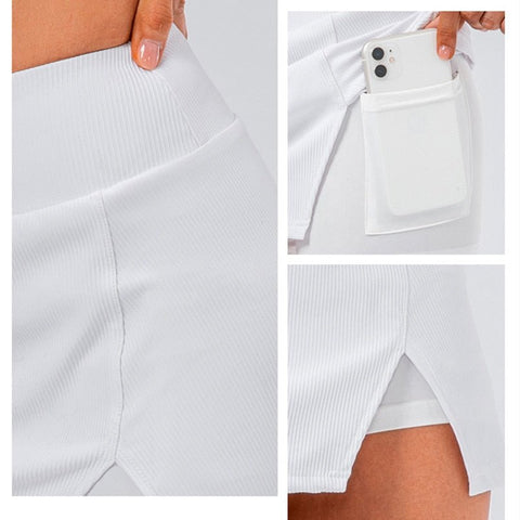 2in1 Ribbed High-Waist Tennis Skorts with Pockets