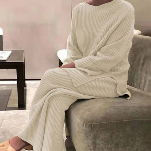 Monki Calah fluffy knitted wide leg pants in beige 3 piece set