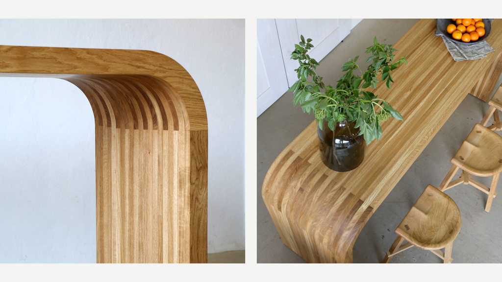 Martelo and Mo, bespoke oak high table with curved corners