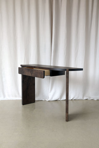 Bespoke Maple vanity desk stained with aging solution for Angel O'Donnel Interior Design: Featuring functional storage drawer and a warm, rich colour and expert craftsmanship for a luxurious addition to any space.