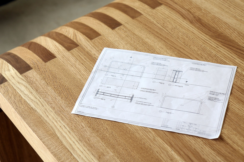 Martelo and Mom bespoke furniture design CAD drawing of a bespoke high table in oak