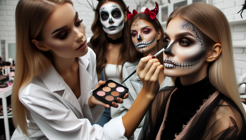 Women girls getting ready applying halloween makeup skincare skin care before and after care
