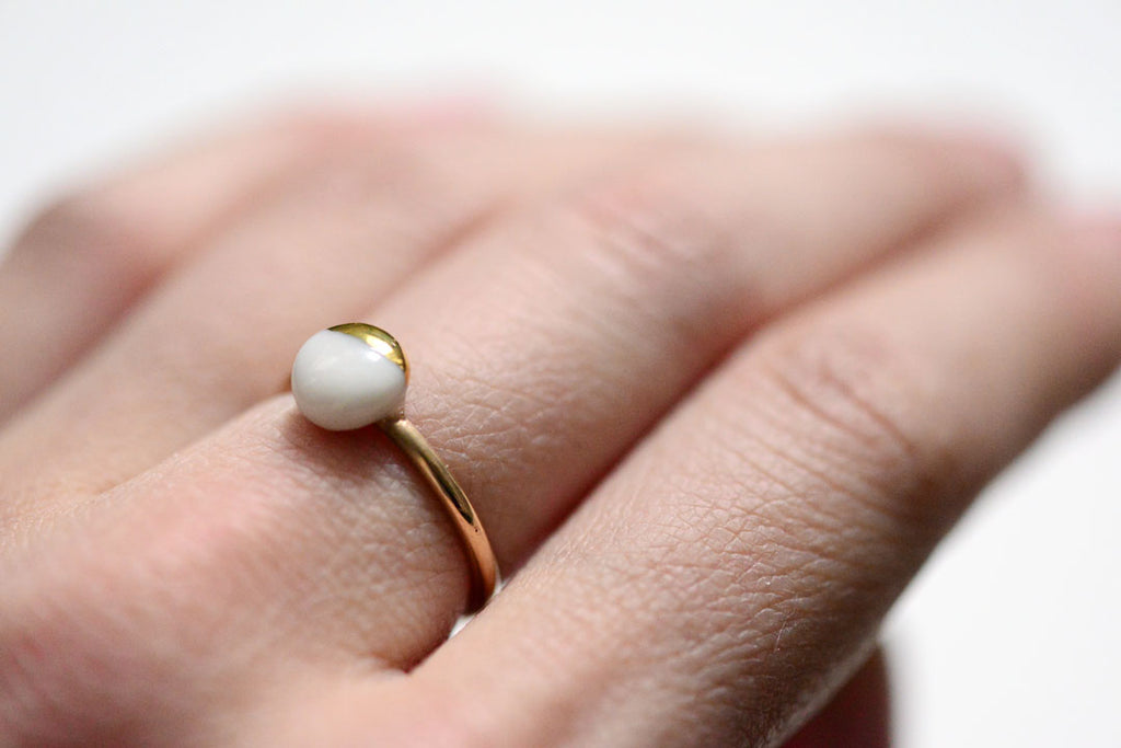 porcelain and gold solitaire ring made in Boston, Porcelain and Stone