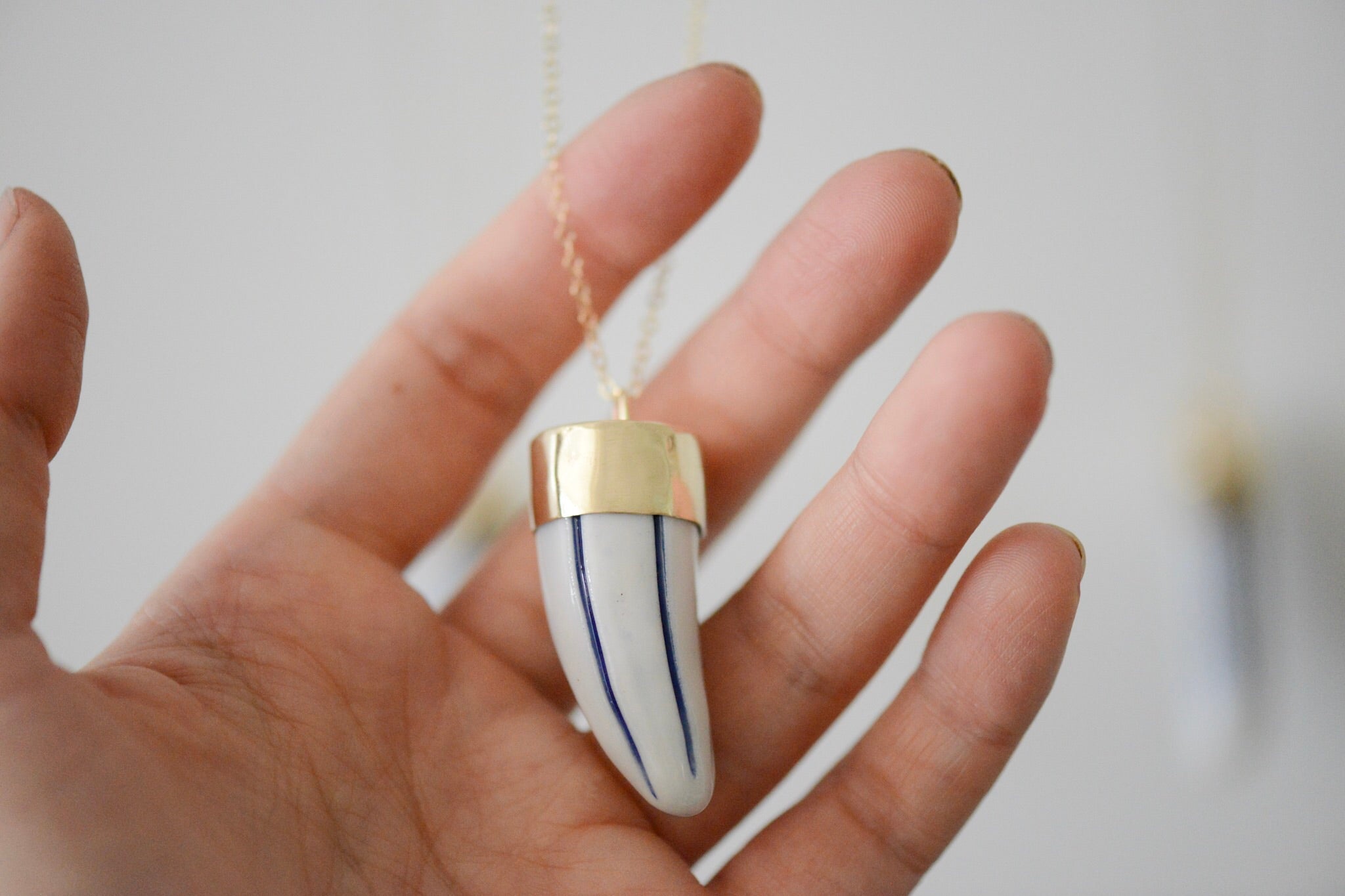 Shibori Blue Porcelain Tusk Necklace