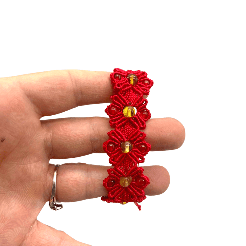 Macrame Bracelet With Crystals, Red With Carnelian & Amber