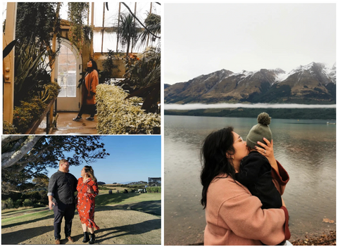 Top left: Photo of Joshiel at the Christchurch Wintergarden, Bottom left: Photo of Joshiel and her husband at Waiheke Island, Right photo: Shows Joshiel with her son at Glenorchy