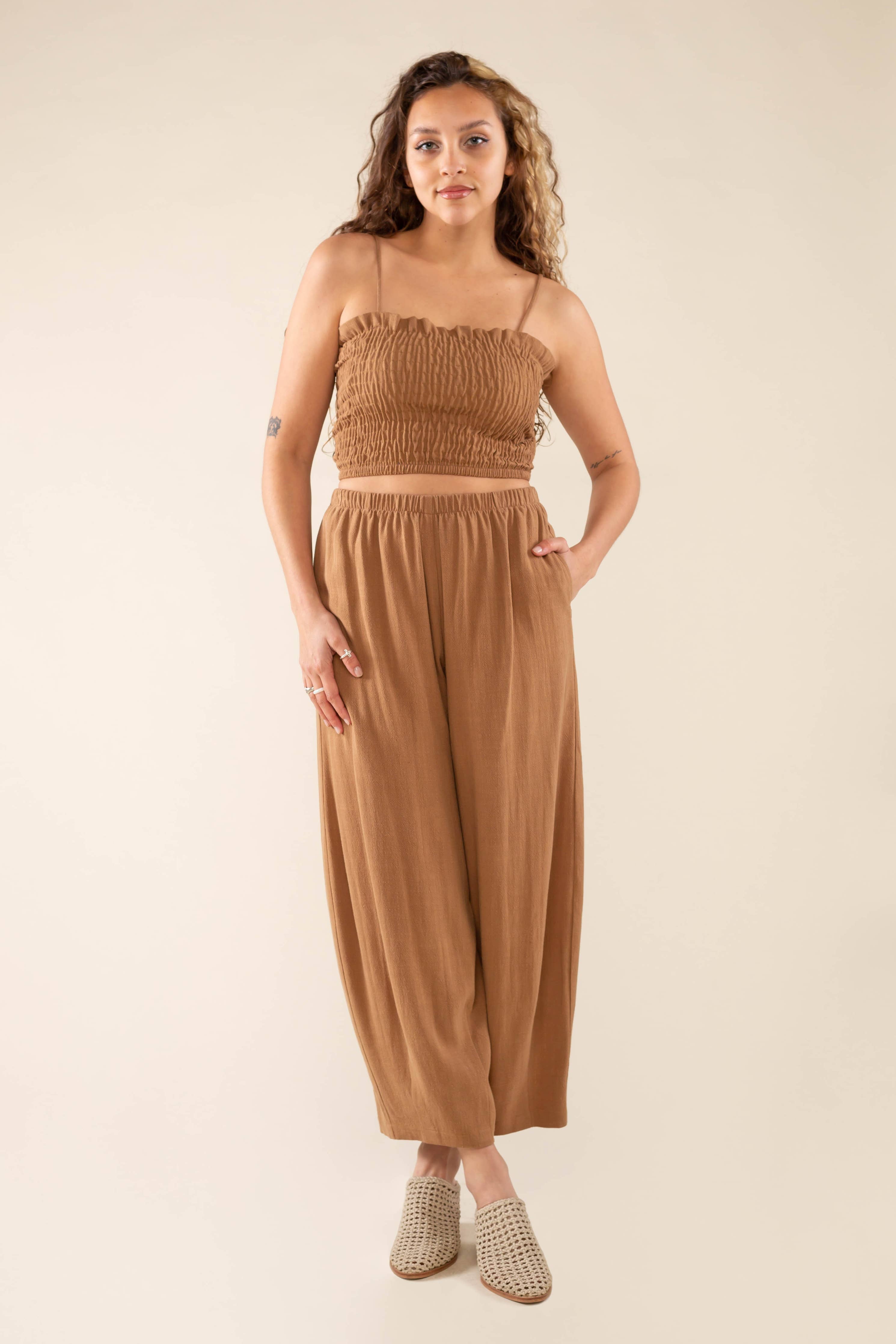 The Smocked Crop Top in Desert Tan