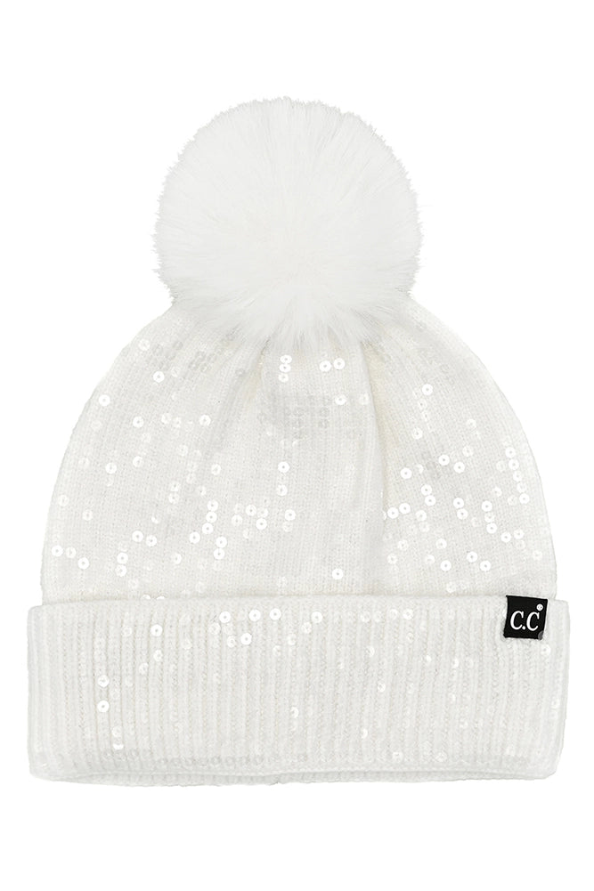 The Pom Beanie with Clear Sequins in Ivory