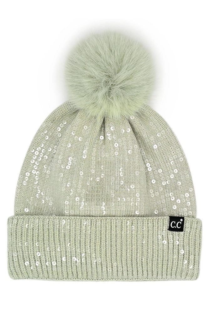 The Pom Beanie with Clear Sequins in Mint