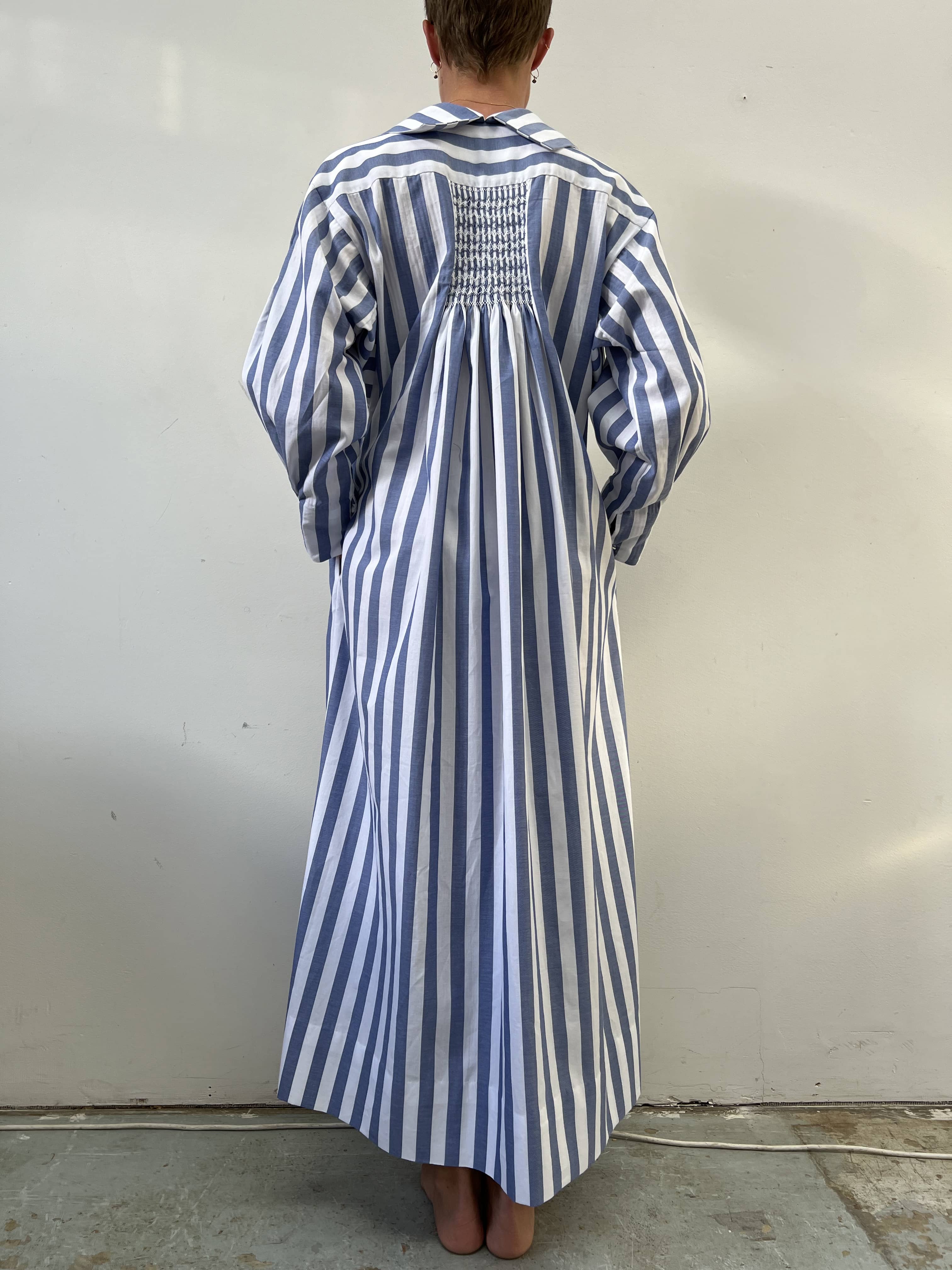 Hand Smocked Buttoned Dress Blue/White | Harry Were's Shop