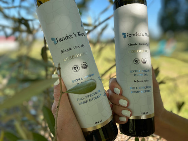 Olive Oil Infused with Hemp Extract: Holding Two Bottles Beside Olive Tree