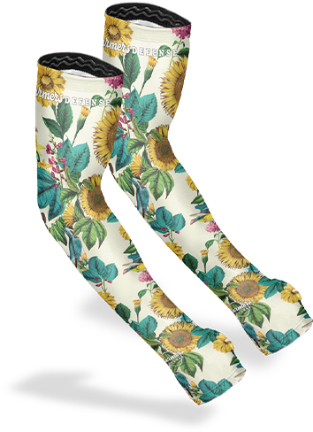 Floral-patterned arm sleeves featuring sunflowers and green leaves.
