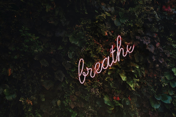 A neon sign that says: "Breathe" in a hedge. 