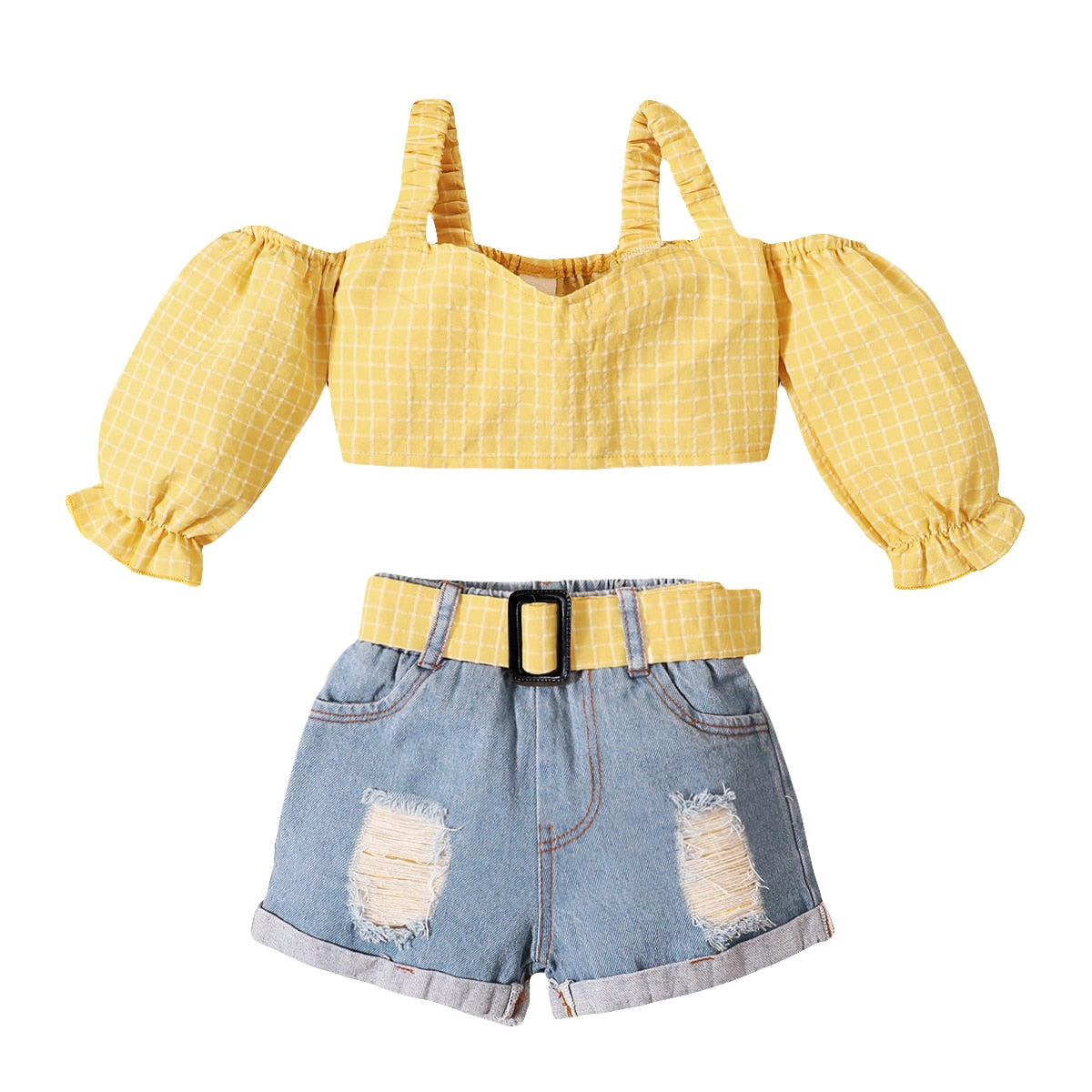 2pcs Off Shoulder  T Shirts Tops Denim Belt Shorts