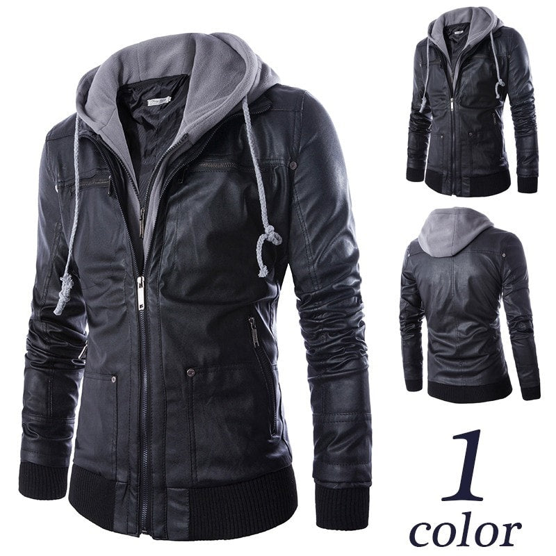 black hoodie leather jacket