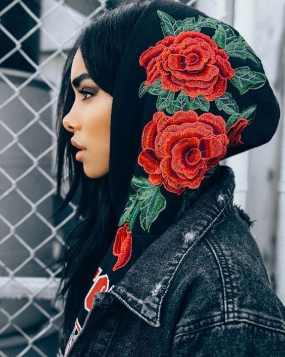 black hoodie red roses