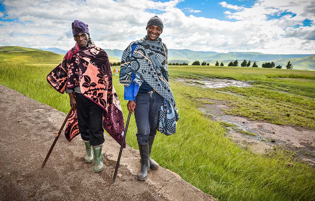 Basotho heritage blankets worn by two Sotho gentlemen in Lesotho hills and plains 