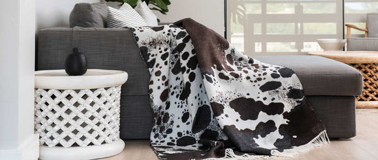 Ngnui cow print blanket lying on couch in contemporary home 