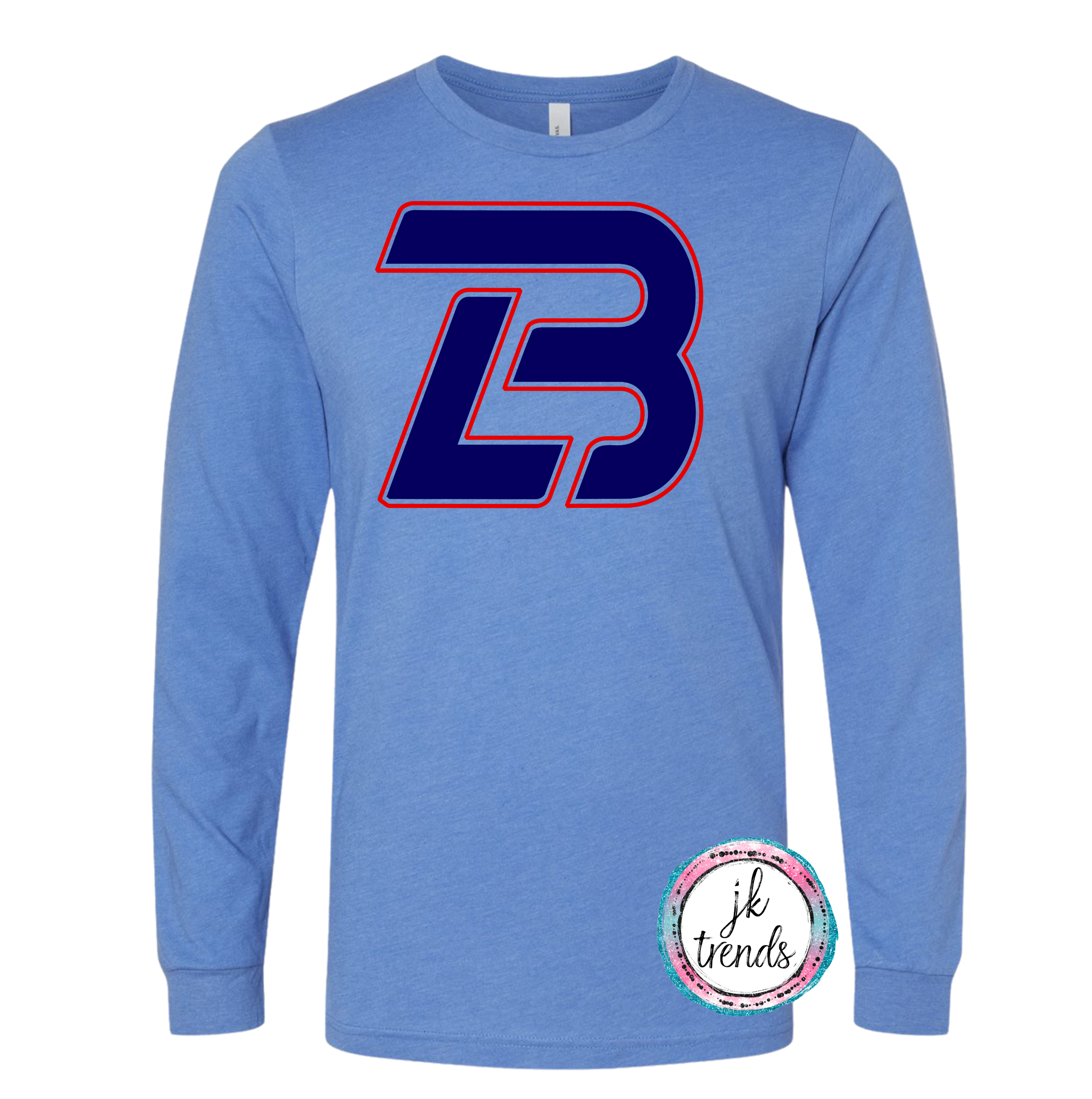 JK Trends lb Baseball Bella Toddler / Youth Long Sleeve Shirt Youth Large / Athletic Heather - Navy lb Outlined Red