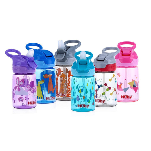 Nuby Kids No Spill Flip-it Adventure and Travel Sticker Water Bottle with  Soft Silicone Straw: 18+ Months, 14oz / 420ml