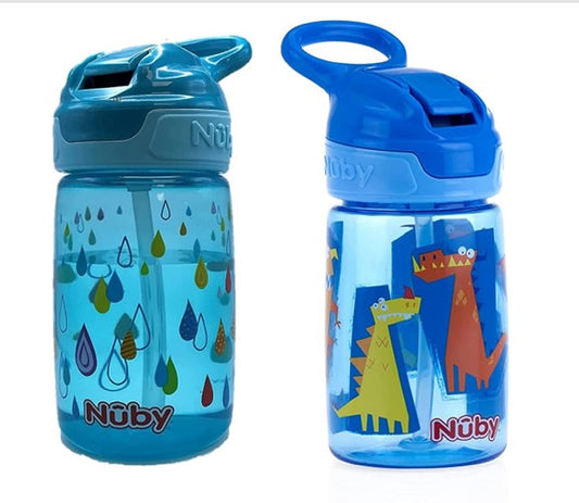 Nuby Kids No Spill Flip-it Adventure and Travel Sticker Water Bottle with  Soft Silicone Straw: 18+ Months, 14oz / 420ml