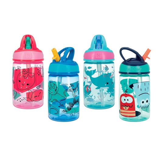 Nuby Flip-it Kids On-The-Go Printed Water Bottle with Bite Proof Hard Straw  - 12oz / 360 ml, 18+ Months, 1pk Dinosaurs