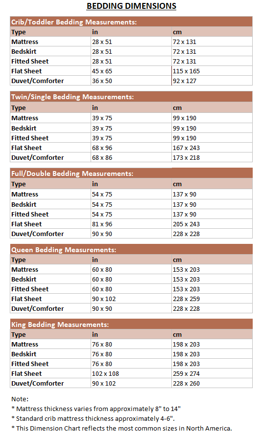 Bedding Dimensions