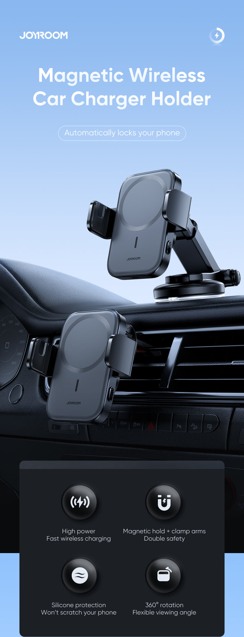 Joyroom Auto-Magnethalterung Qi Kabelloses Induktionsladegerät 15 W  (MagSafe für iPhone kompatibel) für Armaturenbrett (JR-ZS295) - ✓