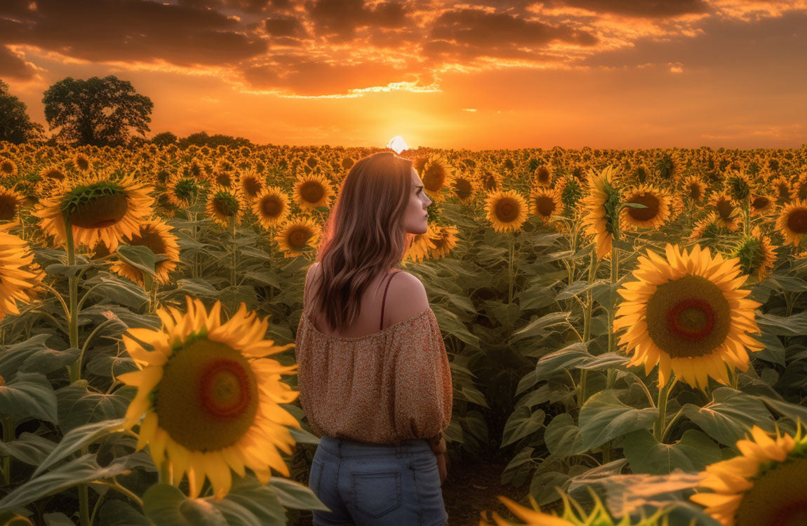 woman walking in a field of texas sunflowers at sunset